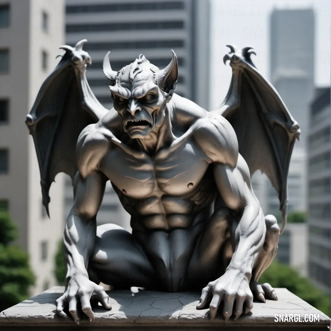 Statue of a Gargoyle on a ledge in front of a cityscape with buildings in the background