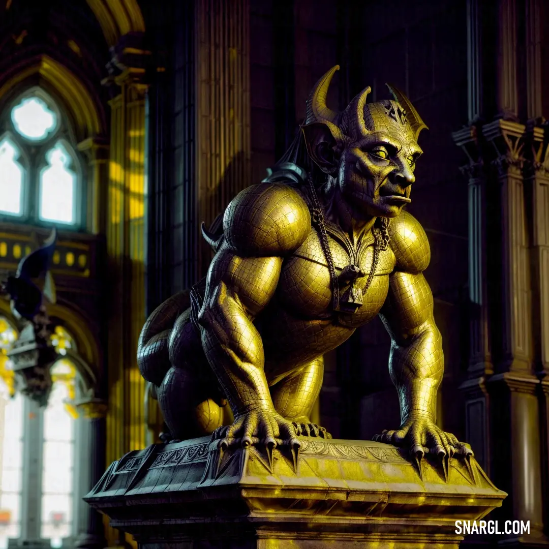 Statue of a Gargoyle in a building with a clock in the background