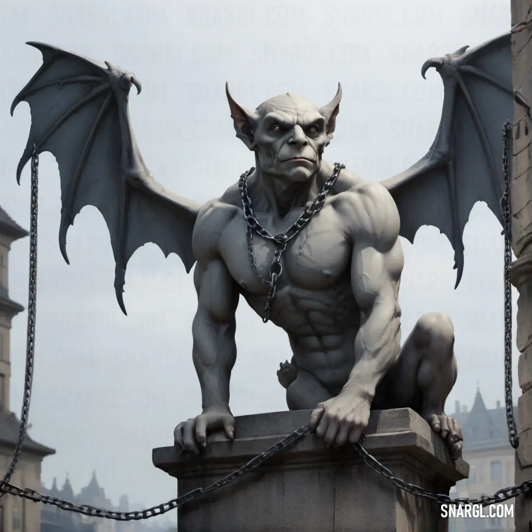 Statue of a Gargoyle with chains around his neck and hands on a post with a building in the background