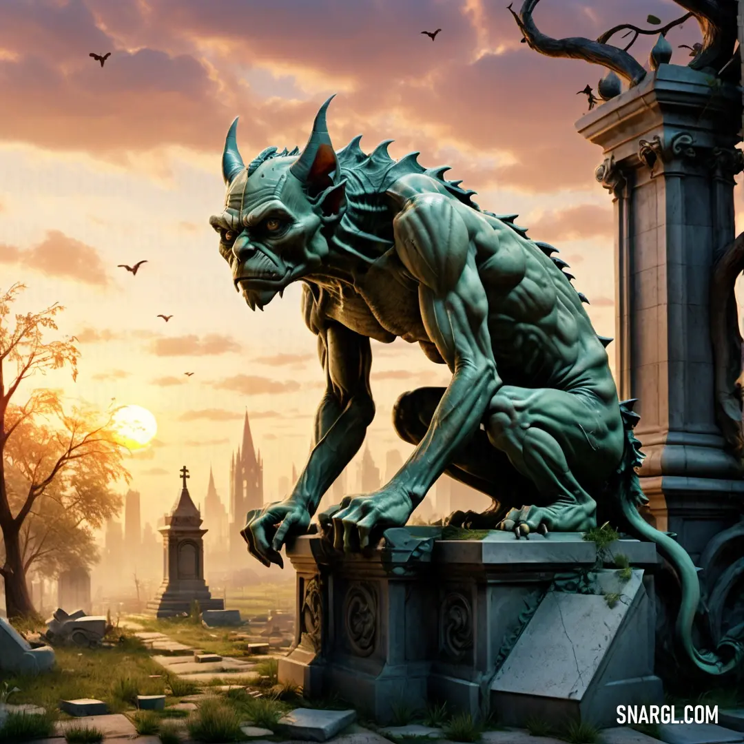 Statue of a Gargoyle on a pedestal in a graveyard with a sunset in the background