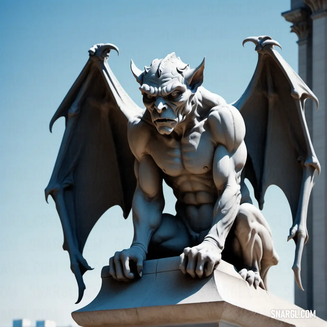 Statue of a Gargoyle on top of a building with a clock tower in the background