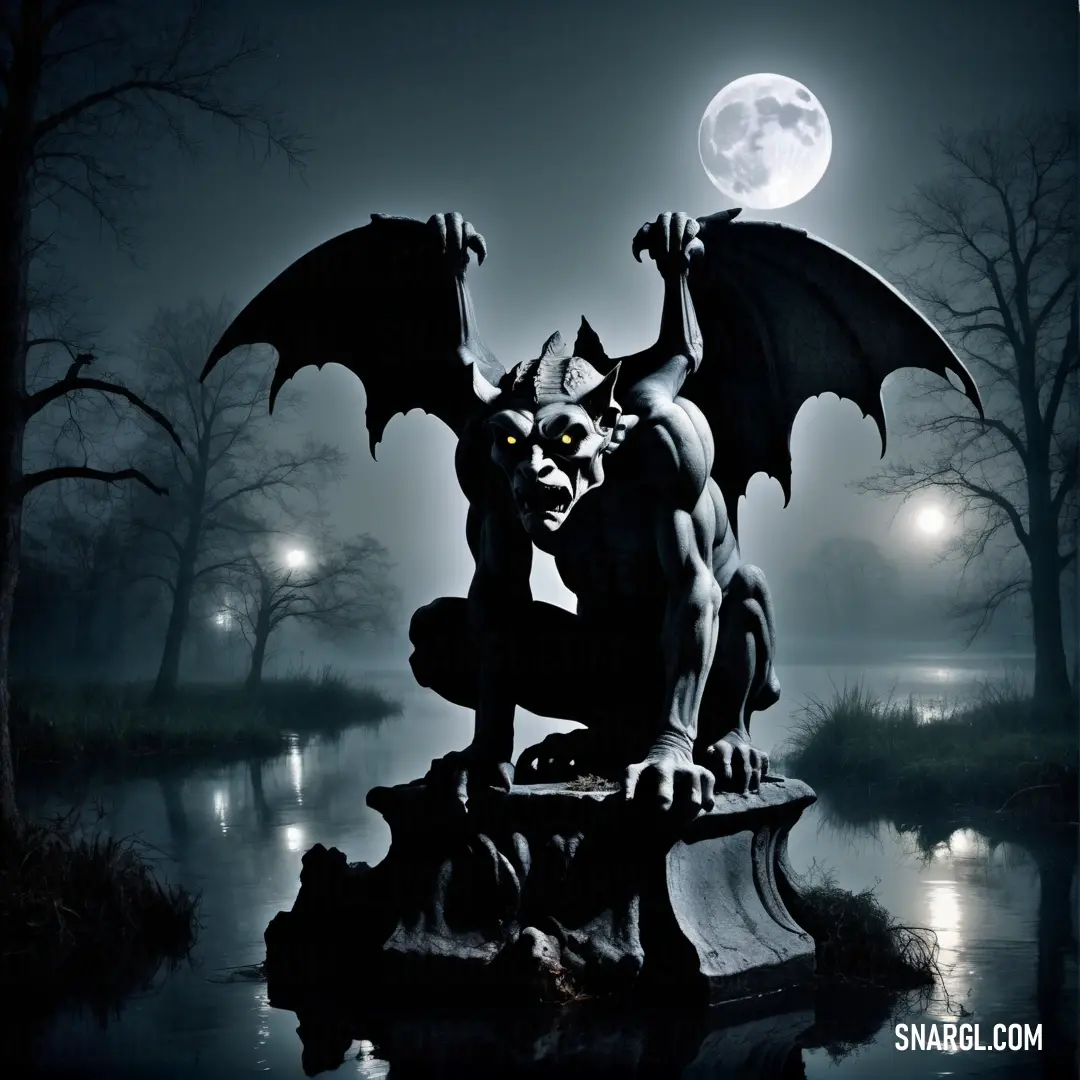 Statue of a Gargoyle on a fountain with a full moon in the background and a pond in the foreground