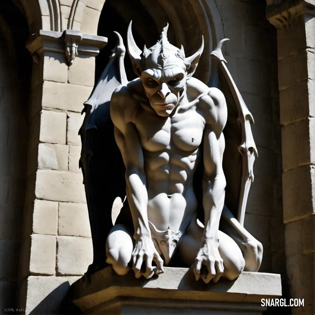 Statue of a Gargoyle on a ledge in front of a building with a gothic - styled design