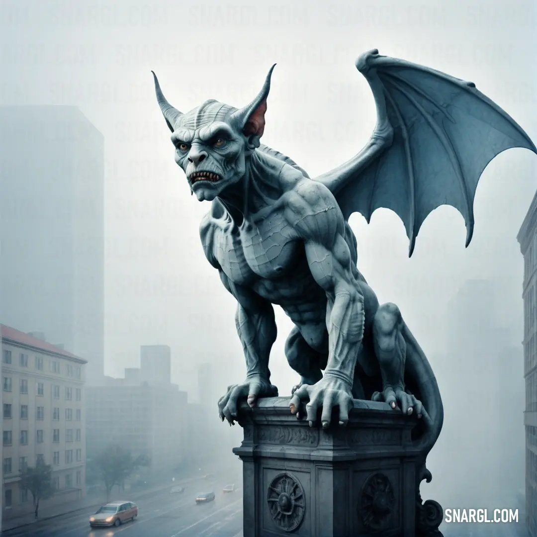 Statue of a Gargoyle on a city street with buildings in the background