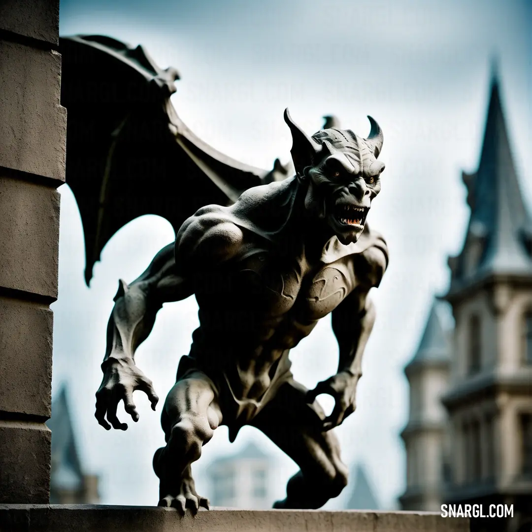 Statue of a Gargoyle on a building ledge in front of a castle like building with a clock tower