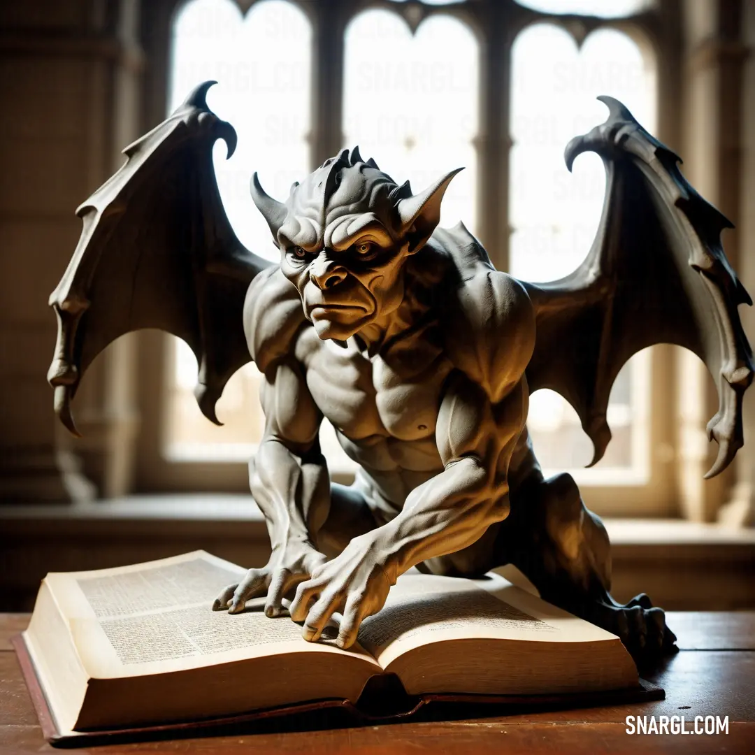 Statue of a Gargoyle on top of an open book on a table in front of a window