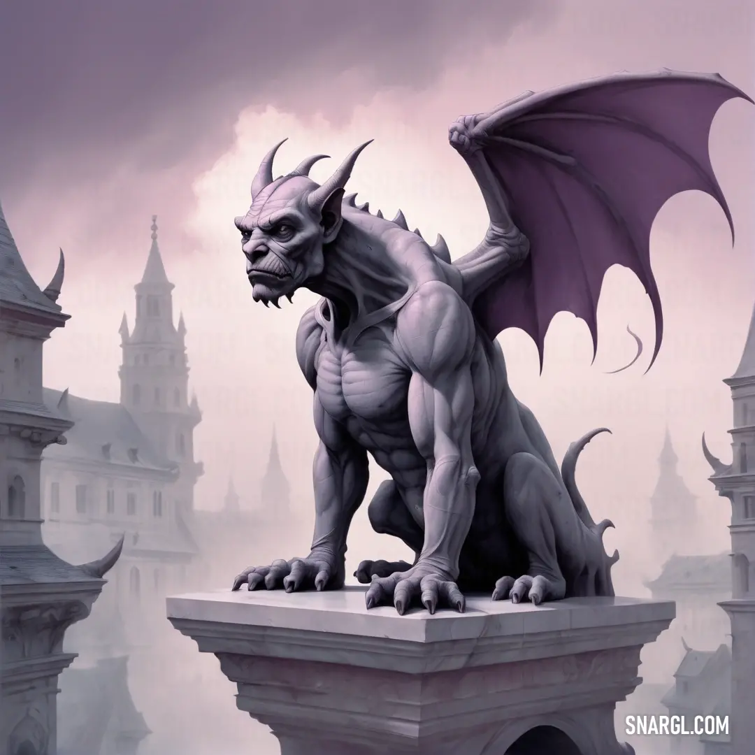 Statue of a Gargoyle on a pedestal in front of a castle with a sky background