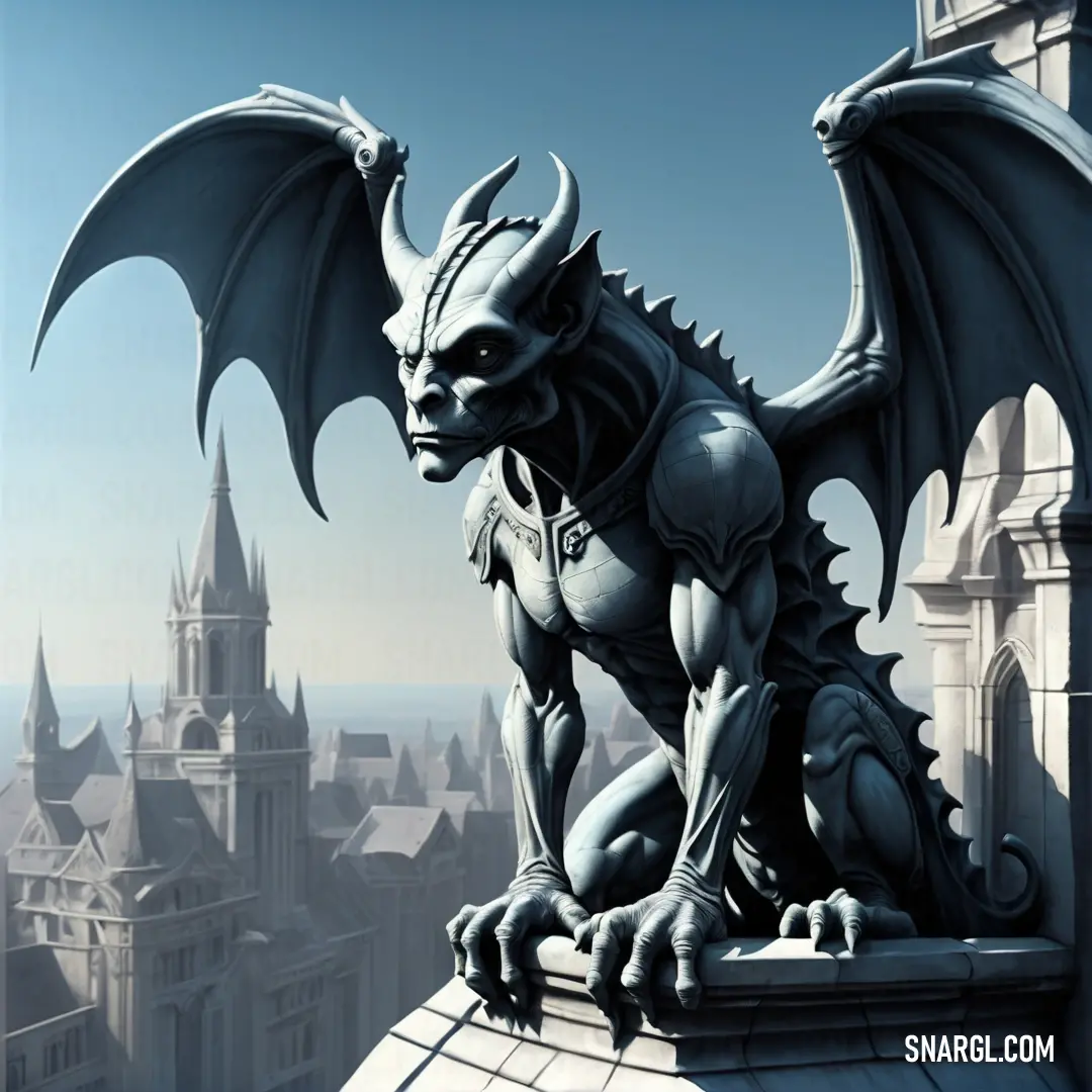 Statue of a Gargoyle on top of a building with a castle in the background