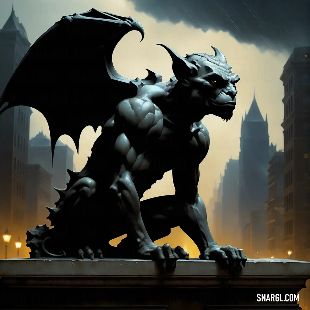 Statue of a Gargoyle on a ledge in a city at night with a dark sky behind it and a building with a clock tower