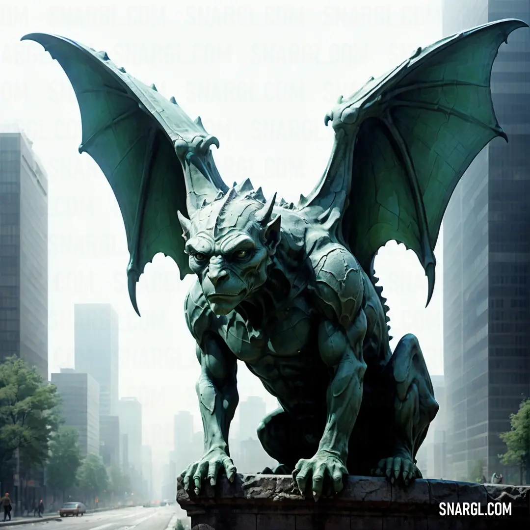 Statue of a Gargoyle on a city street with tall buildings in the background
