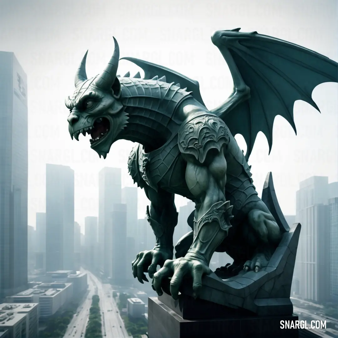 Statue of a Gargoyle on a city street with a city in the background