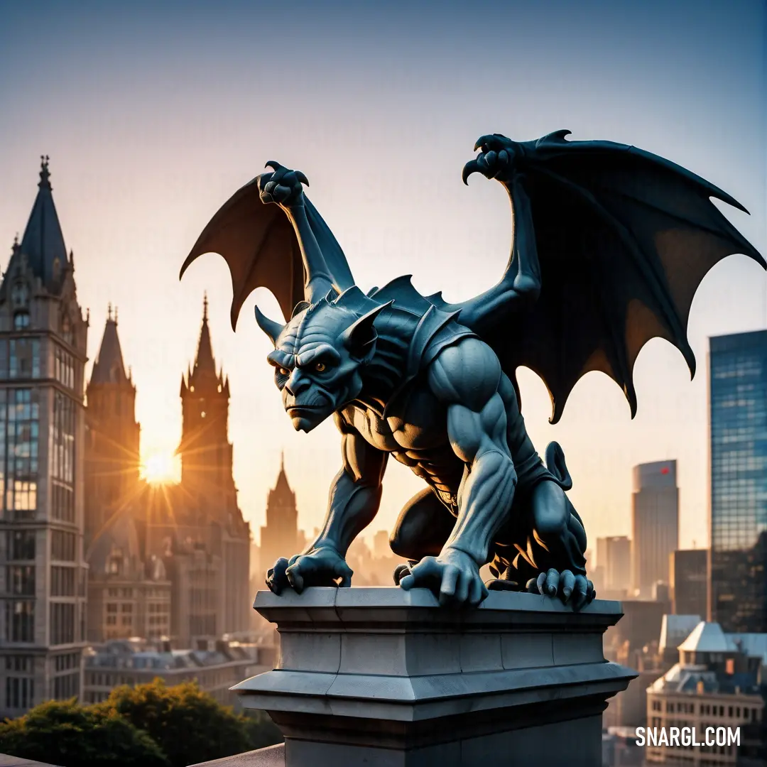 Statue of a Gargoyle on top of a building with a city in the background