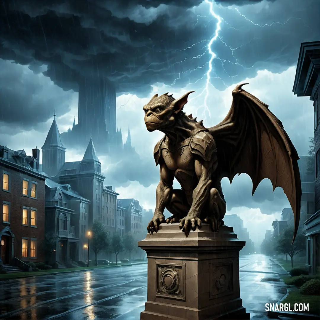 Statue of a Gargoyle on a pedestal in a city street with a lightning bolt in the background