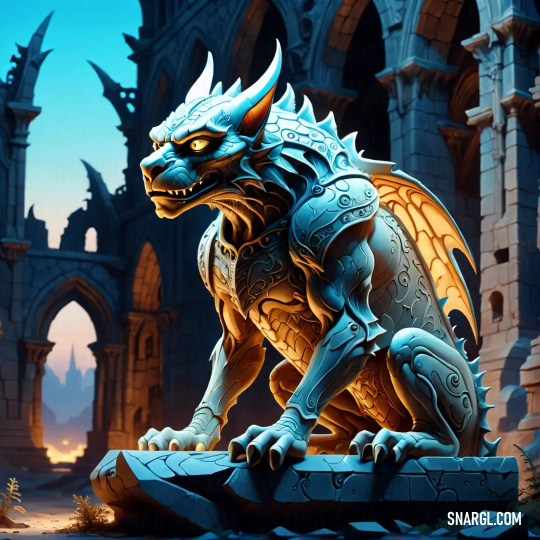 Statue of a Gargoyle in a castle setting with a blue sky background