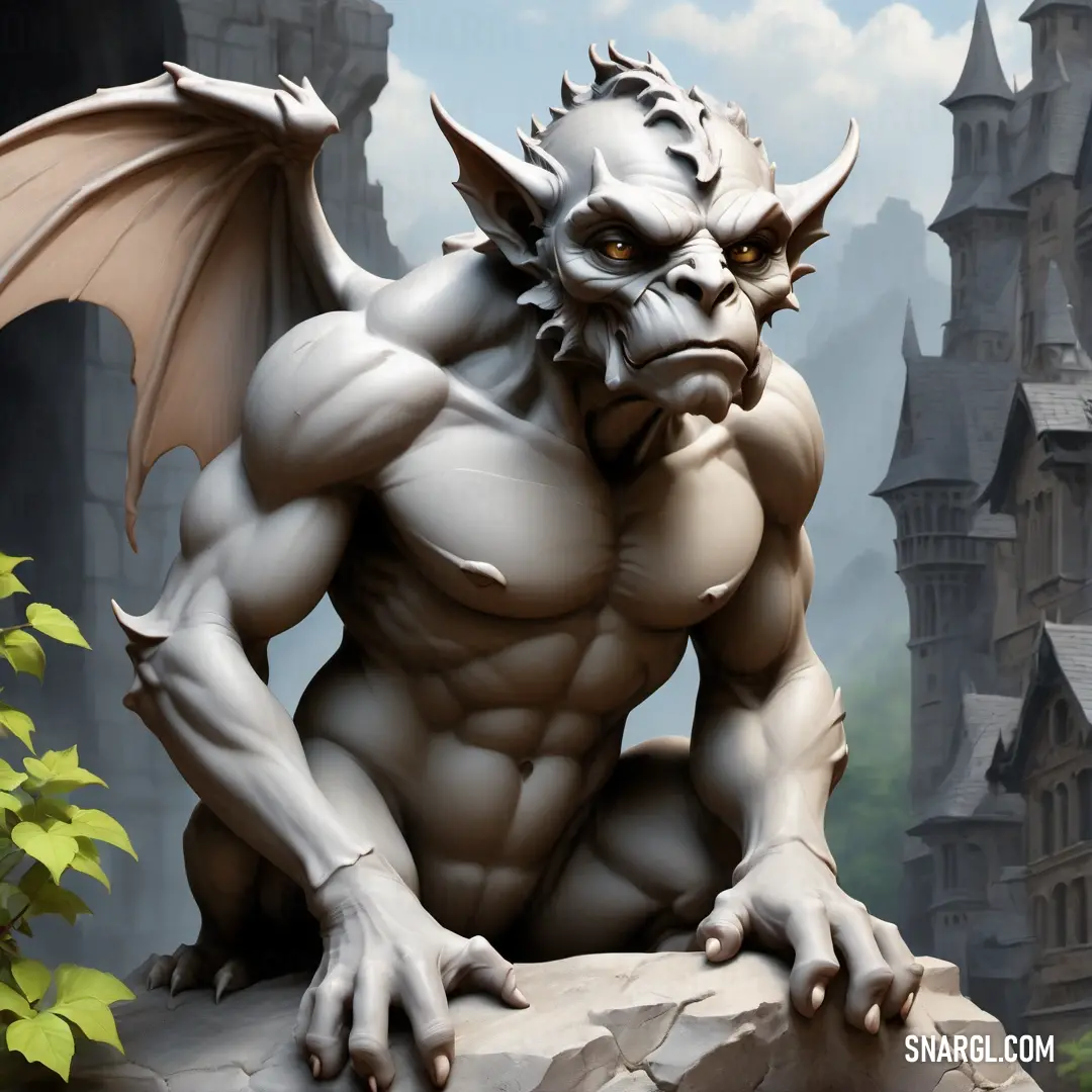 White Gargoyle statue on top of a rock next to a castle with a clock tower in the background