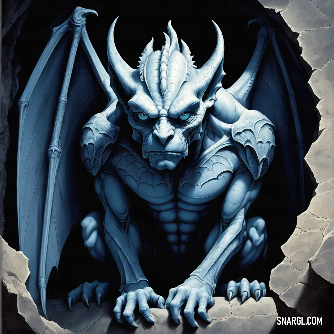 White Gargoyle with horns and claws on its head is in a hole