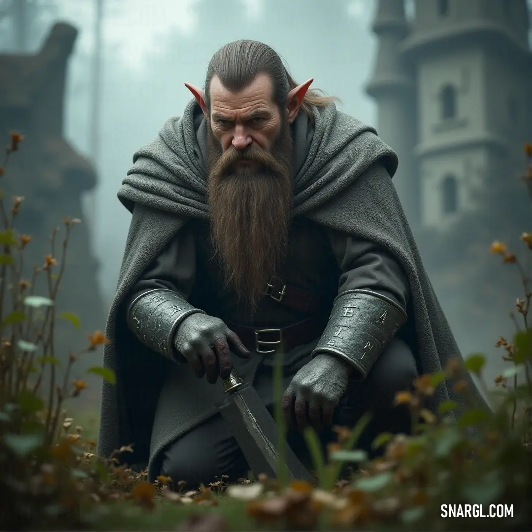 A majestic warrior with horns and a flowing cape stands in a lush green field, the distant castle looming behind him. His stern gaze, combined with his regal appearance, makes him seem both a protector and a conqueror.