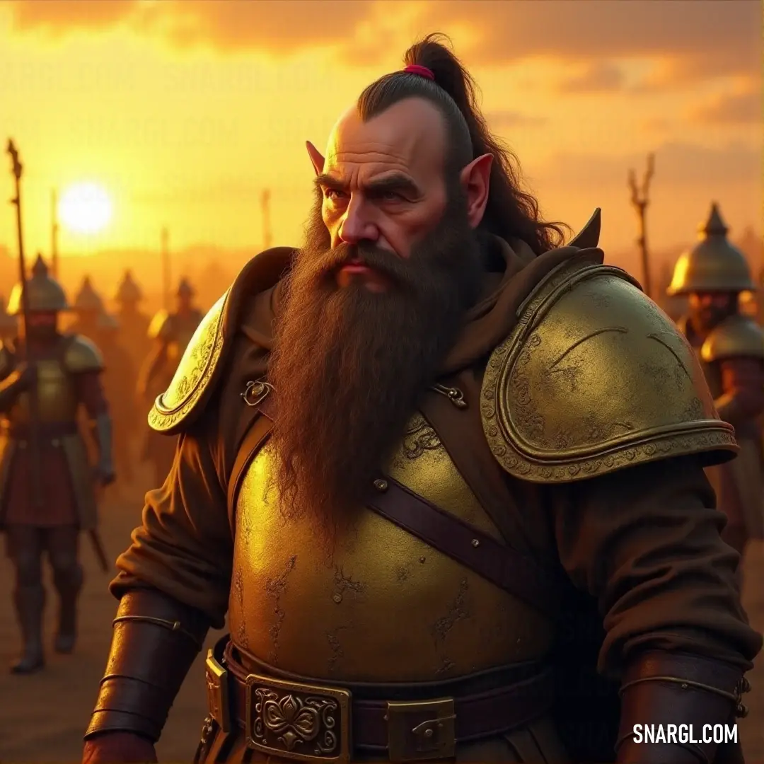 Garin Stoutarm, a strong man with a thick beard, appears in a scene inspired by epic tales, surrounded by men in the background. His imposing presence and steady gaze reflect a deep connection to the world of warriors and their eternal struggle for power.