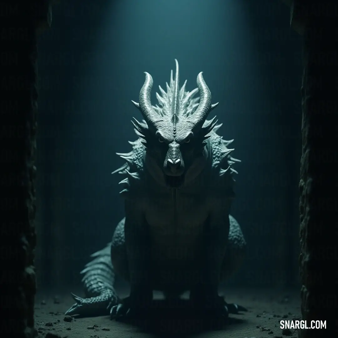Godzilla stands in a shadowy room, bathed in an eerie glow from the light above, its sharp horns and fierce presence adding to the chilling mood of the scene. A towering Godzilla looms in a dark room, its head illuminated by a single light source. The creature’s massive horns curl upwards, casting eerie shadows in the ominous space around it. The atmosphere is thick with tension as its glowing eyes pierc