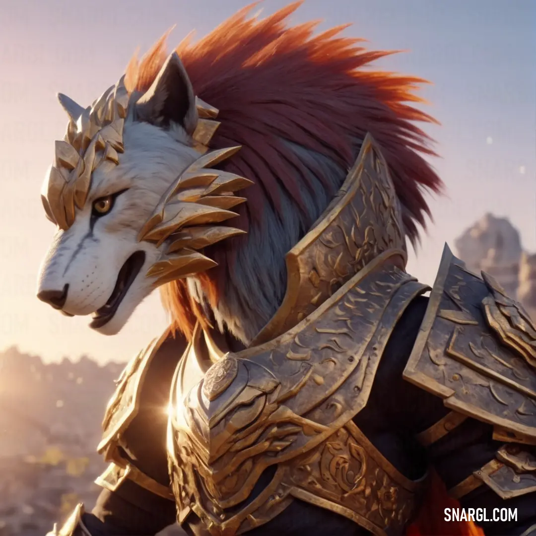 Close up of a statue of a wolf wearing armor and a helmet with red hair and horns on