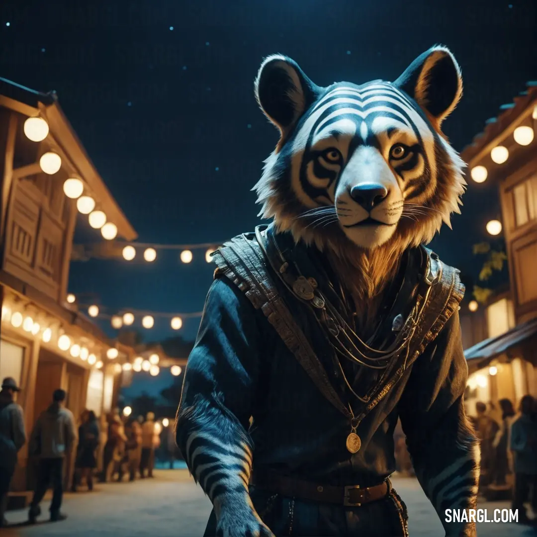 Tiger in a costume is standing in a street at night with people in the background