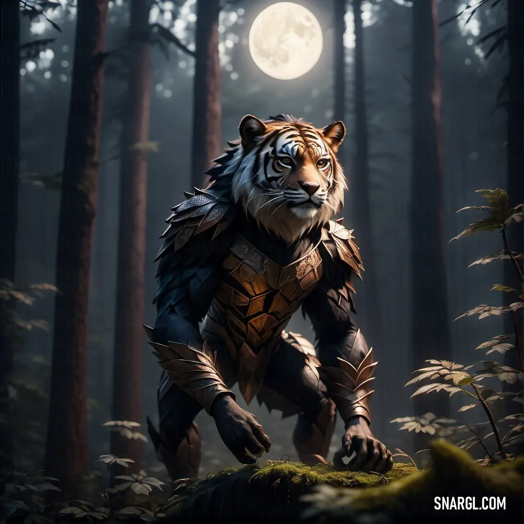Tiger in a forest with a full moon in the background