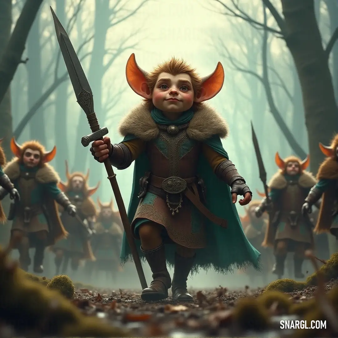 A group of adventurers wearing horned helmets and medieval costumes, each holding weapons like swords, standing together in an enchanted forest surrounded by tall trees and soft sunlight filtering through the leaves.