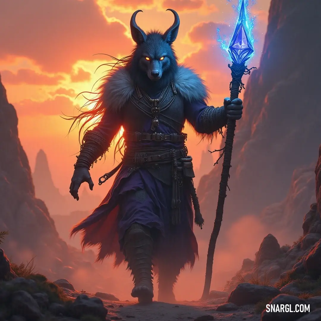 A formidable figure with a horned visage, clutching a gleaming sword, stands confidently in a rugged terrain with jagged rocks, exuding an aura of intimidation and valor amidst rugged beauty.