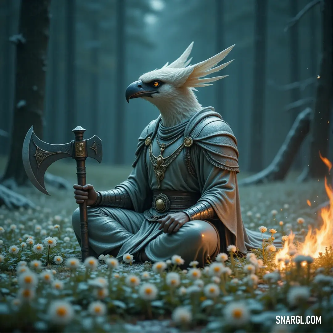 A powerful Garuda with a sword amidst a flower-filled field, with fire blazing in the distance, creating a striking contrast between peace and power. A majestic Garuda warrior stands tall in a vibrant field of colorful flowers and lush green grass, holding a gleaming sword. In the background, fierce flames flicker, adding intensity to the peaceful scene around him.