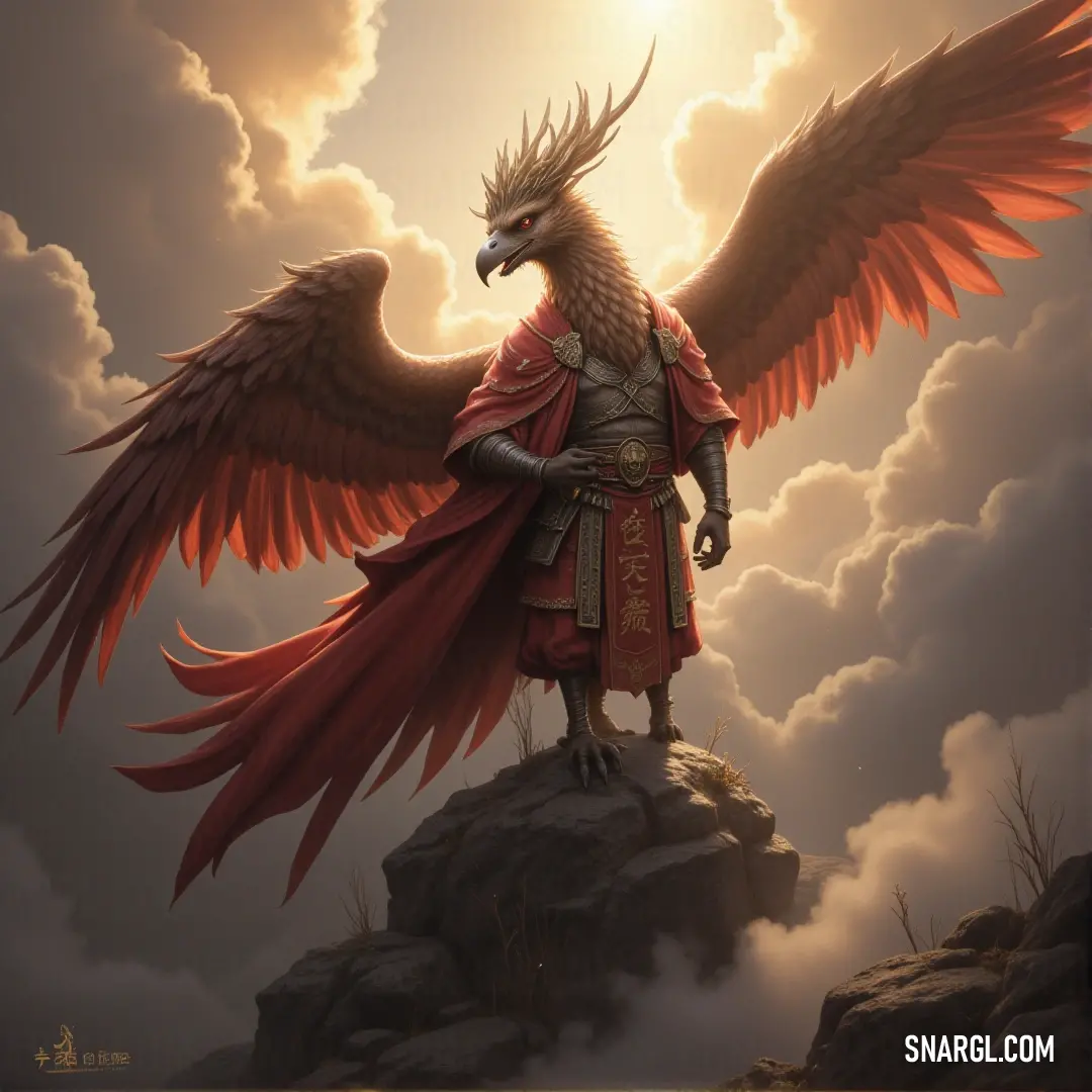 Garuda with large red wings, standing on a rock high in the sky, surrounded by clouds, a mighty force in the heavens. Garuda, with massive red wings, stands atop a rocky outcrop in the sky. Surrounded by clouds, the figure exudes raw power, a force of nature soaring through the heavens, unchallenged and free.