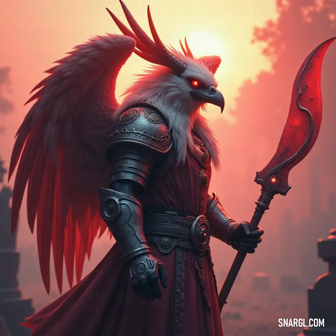 Fantasy Garuda with a red bird perched on its head, sword in hand, ready for battle. A fantasy Garuda, adorned with a large red bird on its head, grips a sword in one hand. The fierce creature stands proud, ready for whatever challenges lie ahead.