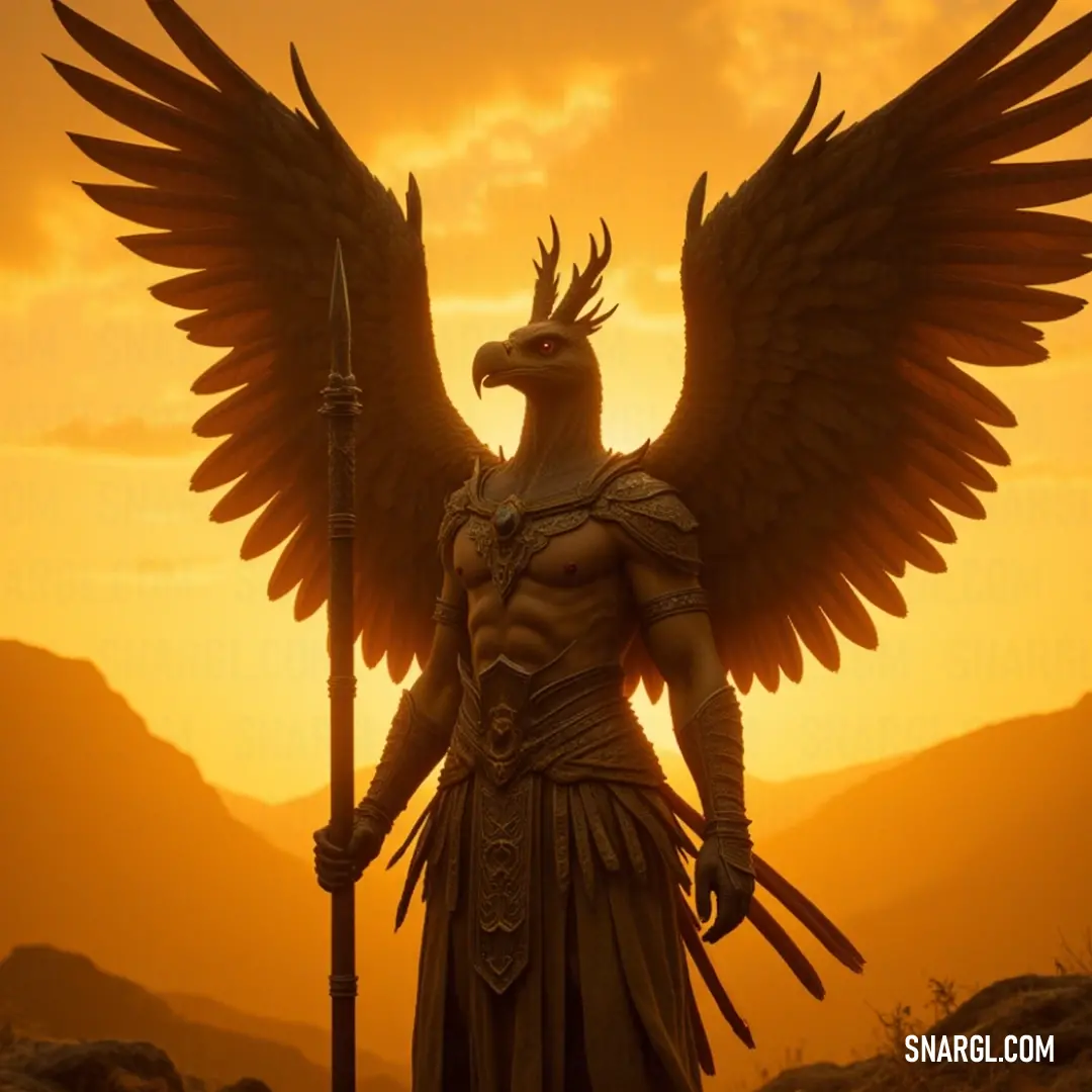 Garuda of the Horizon with a bird on its head, standing tall and proud against the open sky. A majestic Garuda of the Horizon stands proudly, with a bird perched on its head. Its strong wings and commanding presence make it a figure of power and grace in the open landscape.