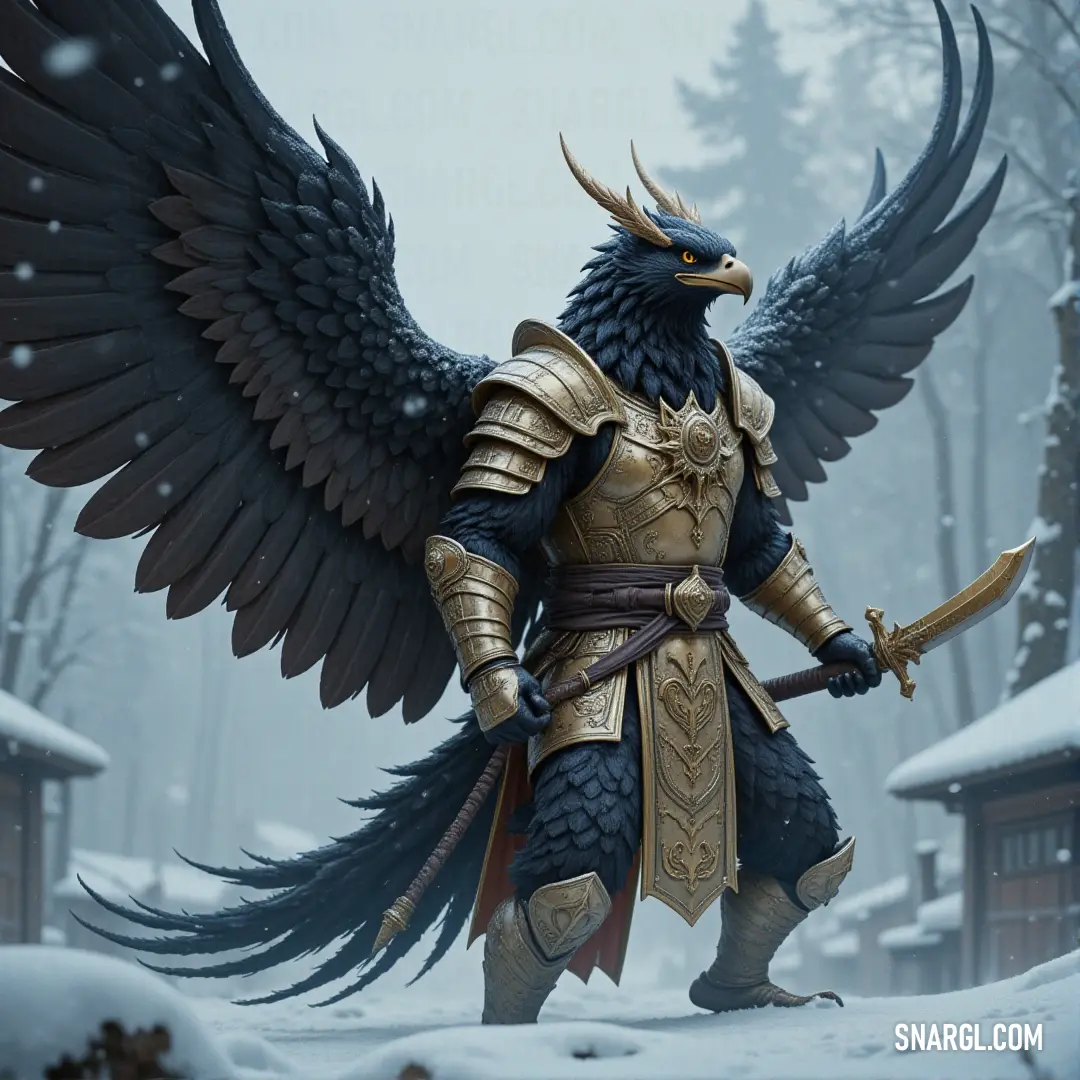 Garuda of the Skies, sword in hand, wings spread wide, soaring through the snowy expanse. Garuda, soaring through the snow-covered skies, brandishes a sword with outstretched wings. The frozen world below contrasts with his fiery energy, a symbol of freedom and power in a vast, untouched landscape.