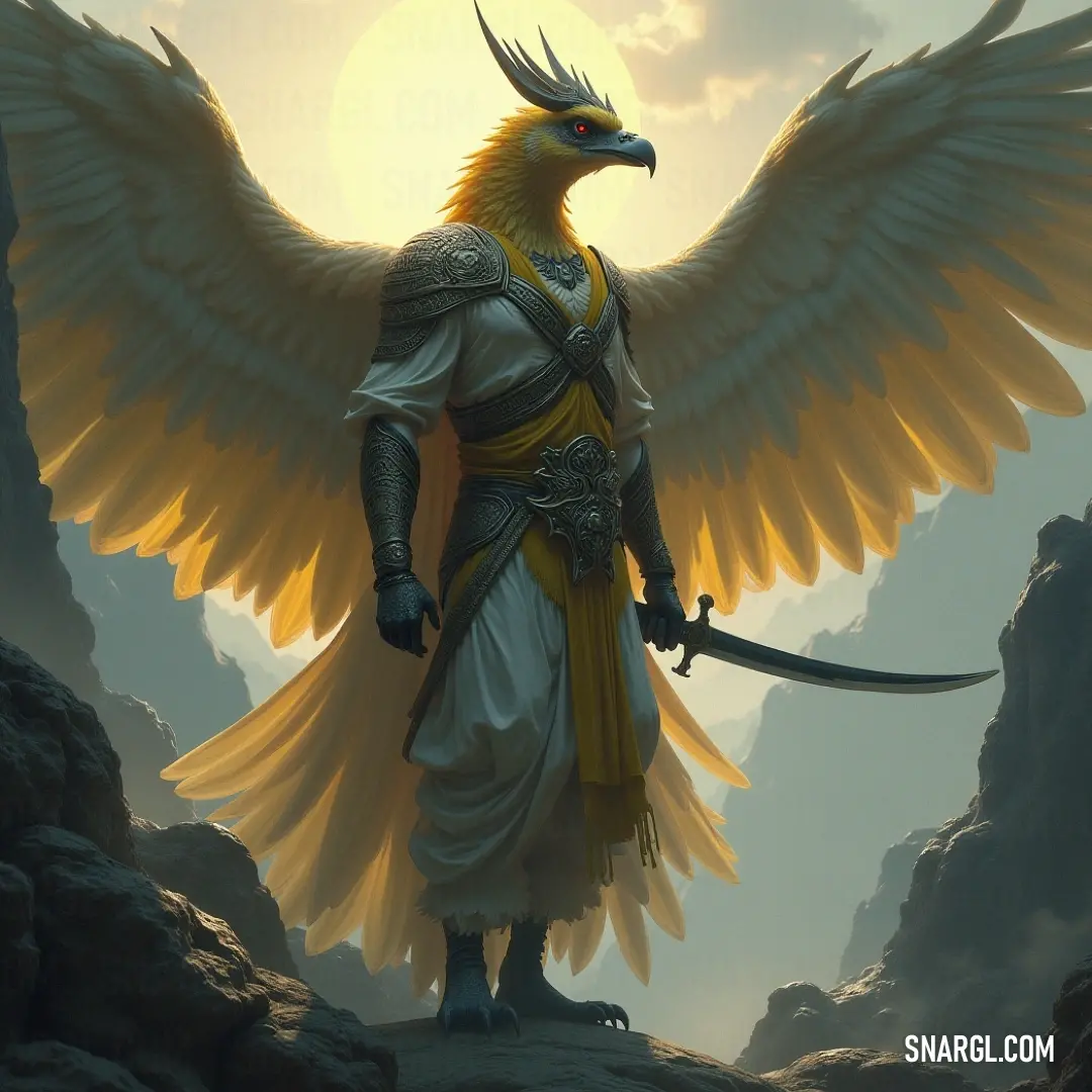Valiant Garuda of the Storm, standing resolutely on a rock, poised with sword against a tumultuous sky. Garuda of the Storm stands resolute on a rocky outcrop, its wings unfurled and sword ready, set against a dramatic sky filled with swirling clouds, symbolizing power and determination.