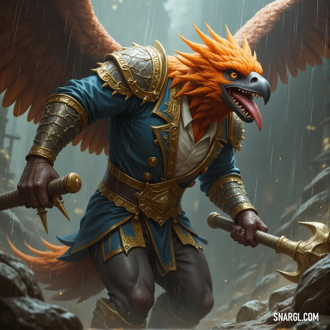Garuda of the Storm with a sword, accompanied by a Garuda-like figure holding a sword in its mouth amidst a storm. An intense depiction of a Garuda of the Storm, gripping a sword while a second Garuda-like figure, holding a sword in its mouth, emerges from a tempest. Their wings unfurl as they dominate the sky in a stormy clash.