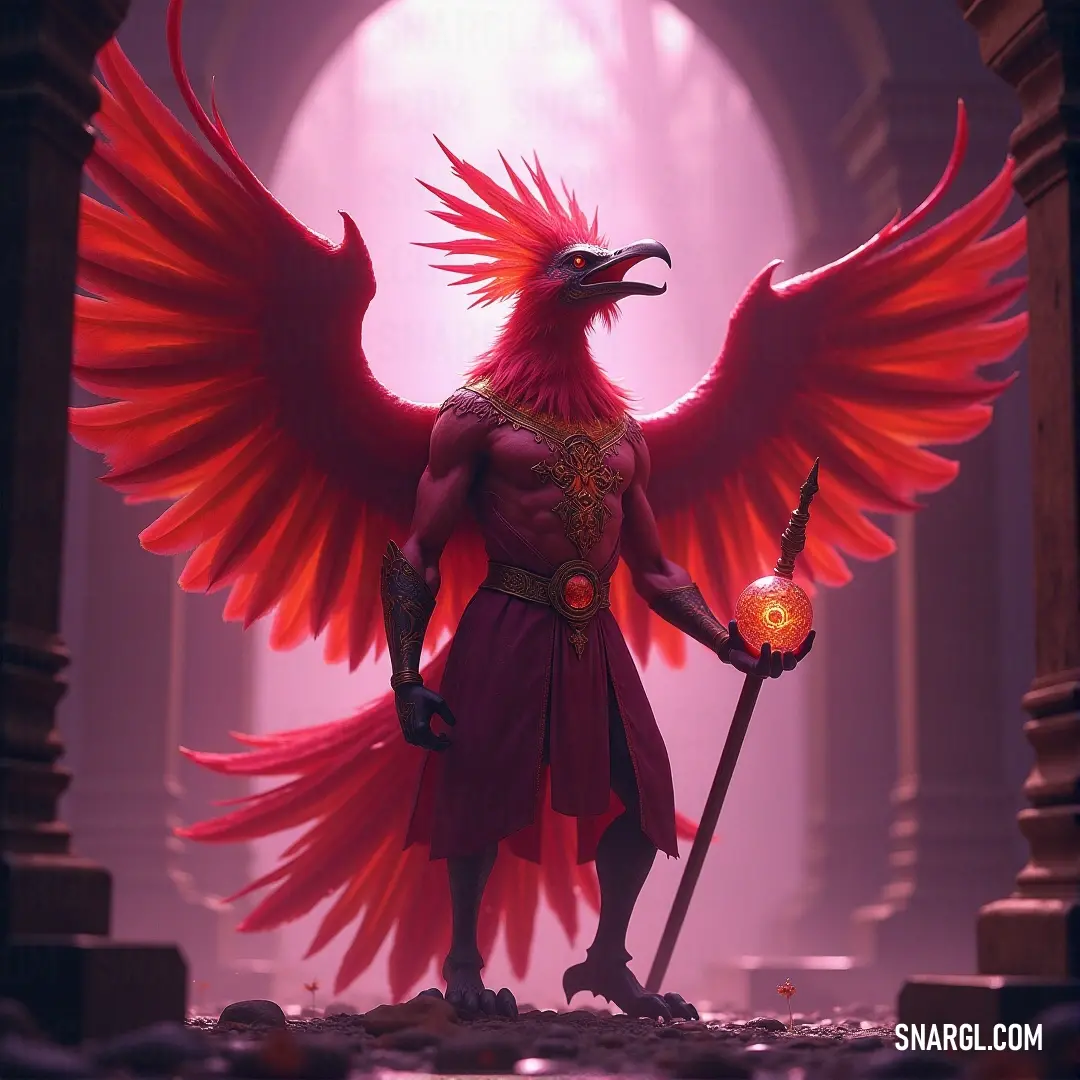 Red Garuda of the Void stands poised in an ancient room, holding a sword and staff, surrounded by majestic columns and arches. A red Garuda of the Void holds a sword and staff, standing amidst towering columns and arches in a grand, ancient room, exuding a timeless, majestic aura.
