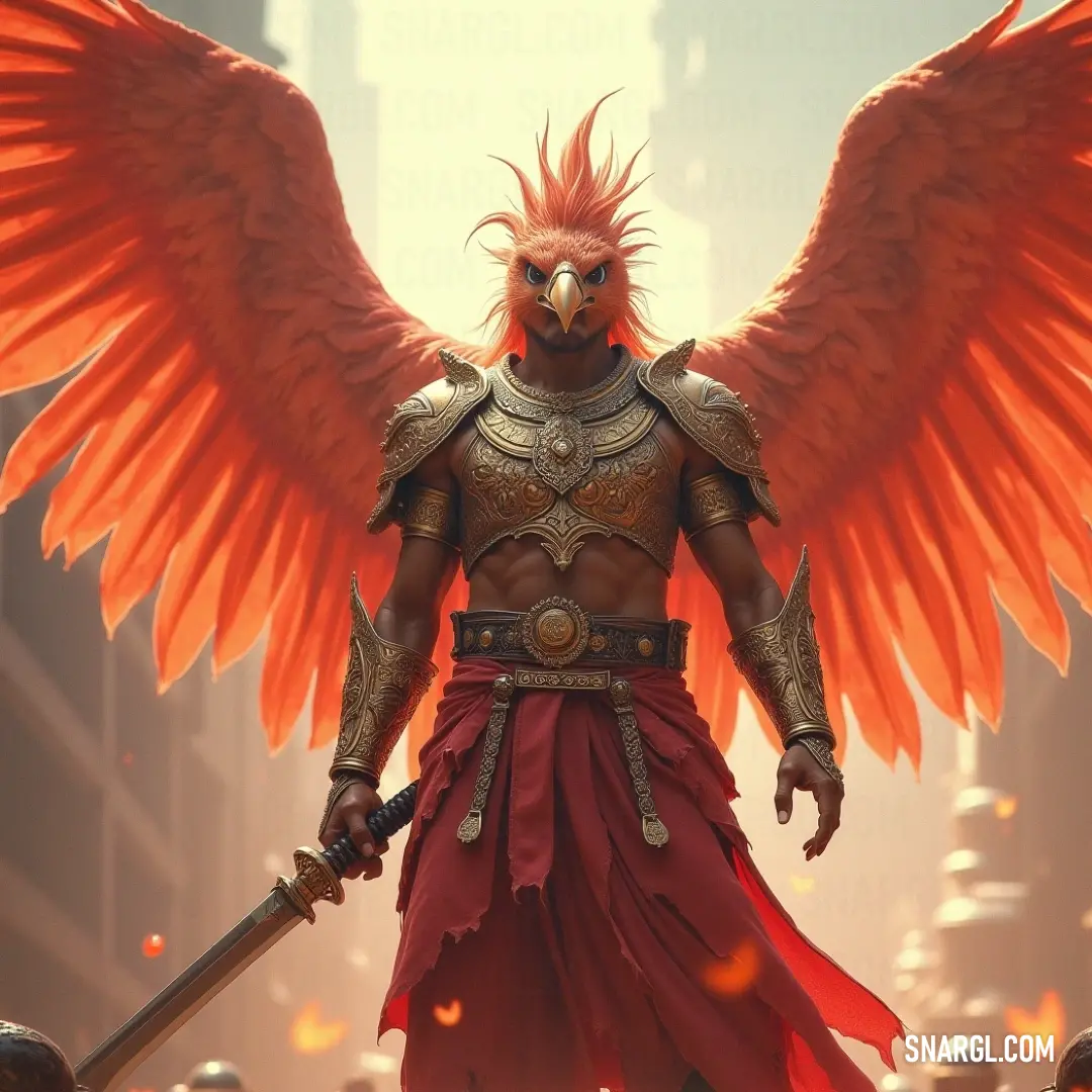 Garuda the Ascendant strikes a valiant pose, sword in hand, exuding determination and strength beneath his magnificent wings. Garuda the Ascendant stands heroically, adorned with regal feathers and wielding a gleaming sword, radiating power and grace as majestic wings embrace him, creating an image of bravery and grandeur.