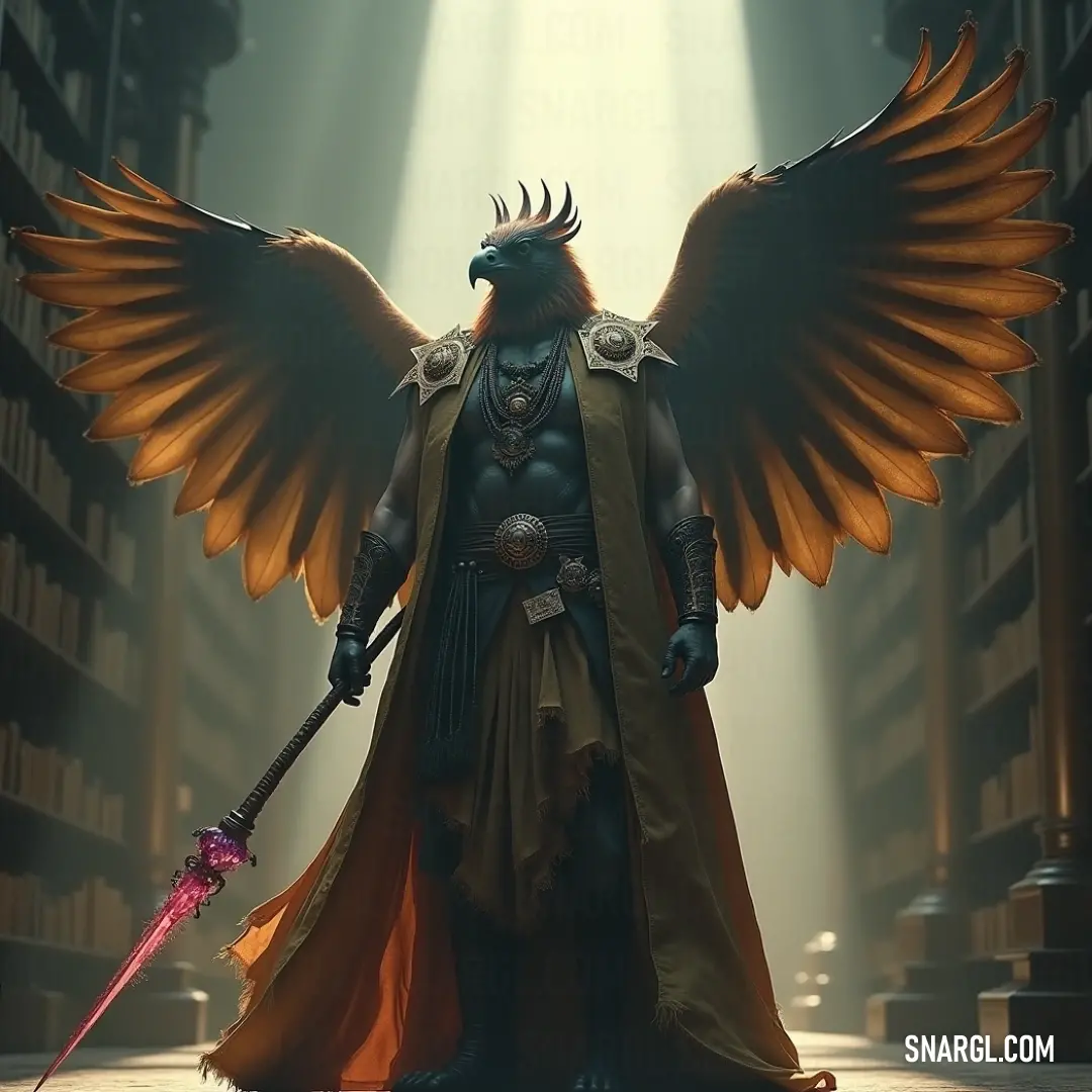 Garuda the Fearless stands resolutely in a dimly lit library, wielding his sword amidst shelves filled with the knowledge of ages. Garuda the Fearless displays strength and defiance in a shadowy library, clad in intricate armor, holding a sword aloft amidst towering bookshelves that whisper ancient secrets and lore.