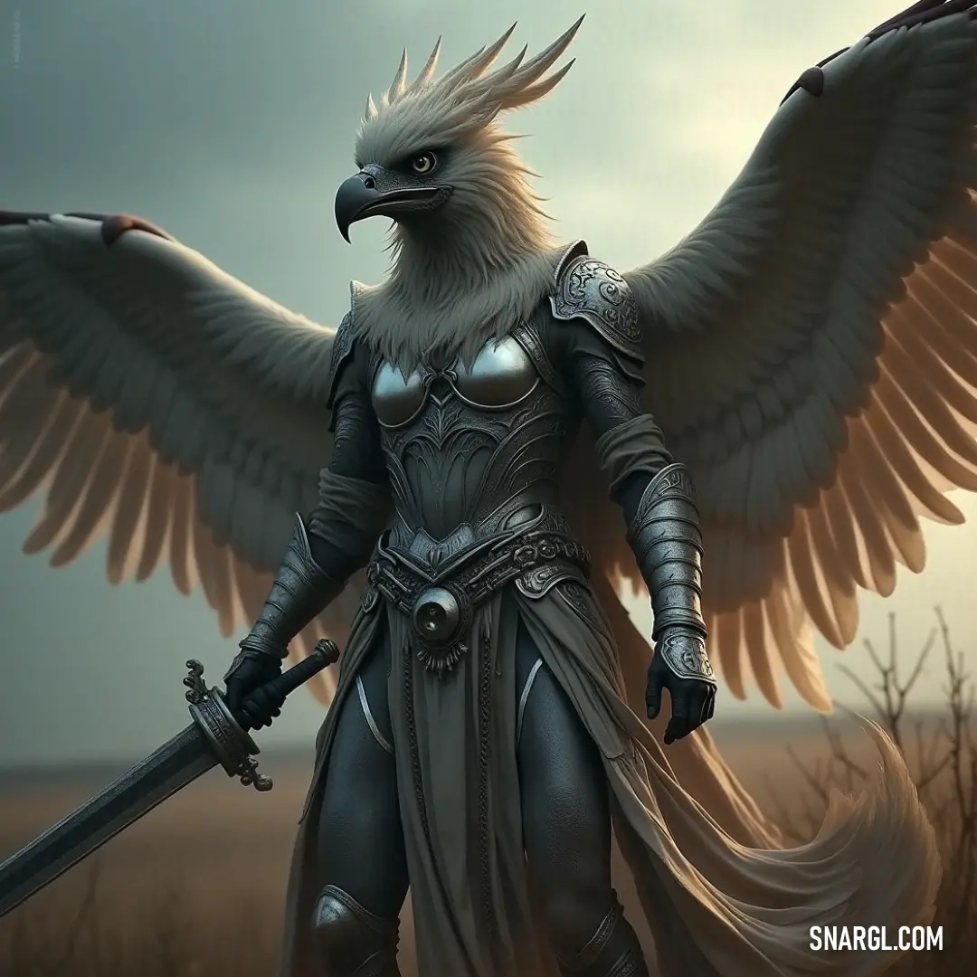A formidable Garuda in full armor, wielding a sword, its wings a symbol of strength and readiness for the battle ahead. The Garuda Windstrike, a majestic figure clad in shining armor, grips a sword as its powerful wings stretch wide, ready for any battle that may come.