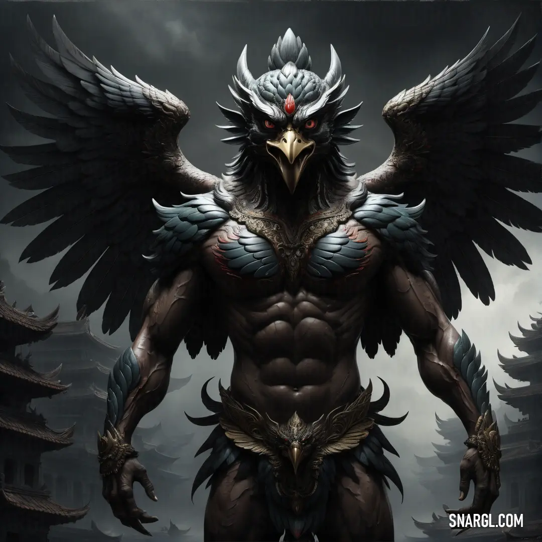 Garudaic looking bird with large wings and a Garuda like face on it's chest
