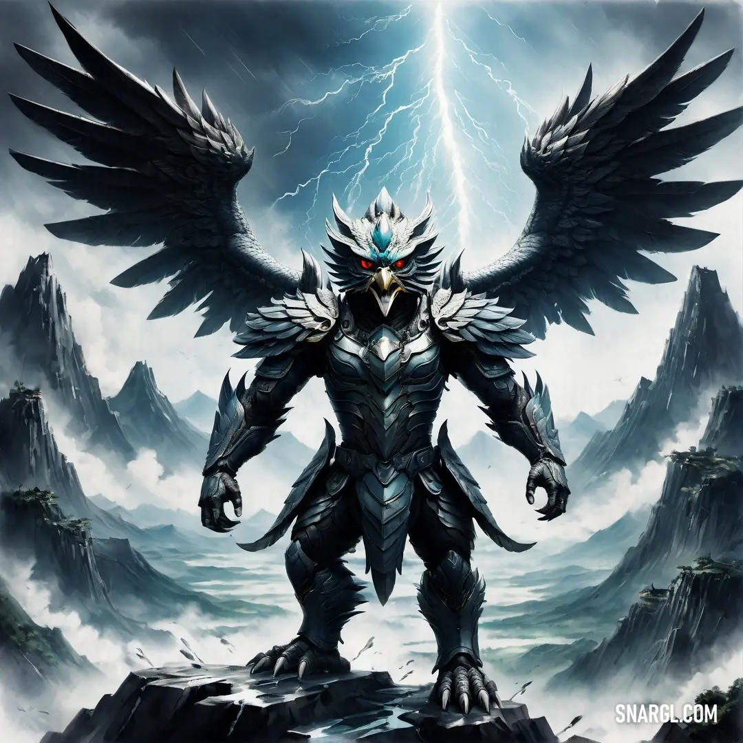 Large bird with wings standing on a rock in front of a lightning storm and mountains in the background