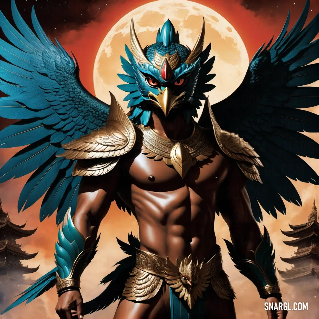 Garuda with a blue mask and gold wings on his face and chest