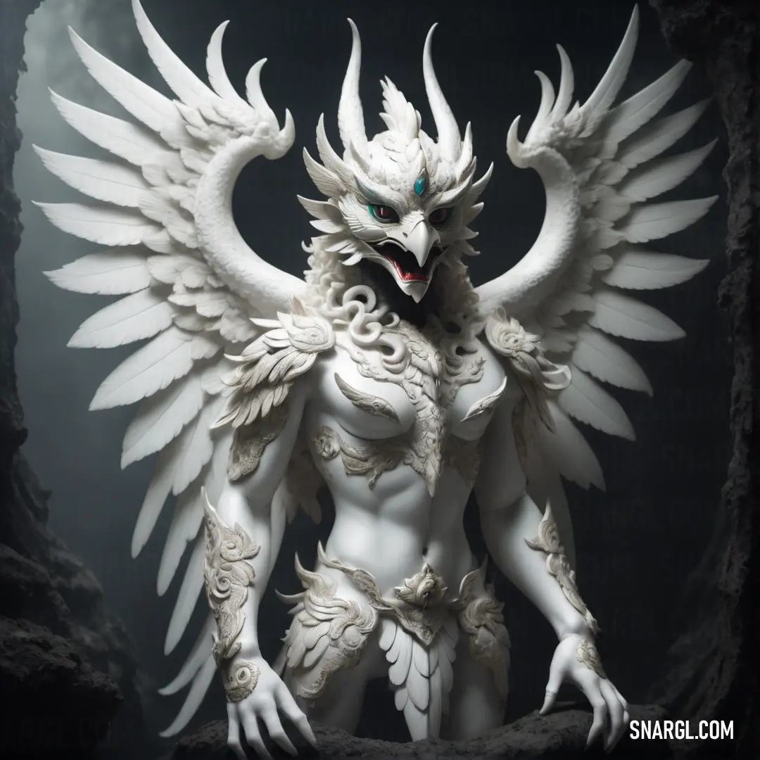 Statue of a Garuda with wings and a Garuda face on it's chest