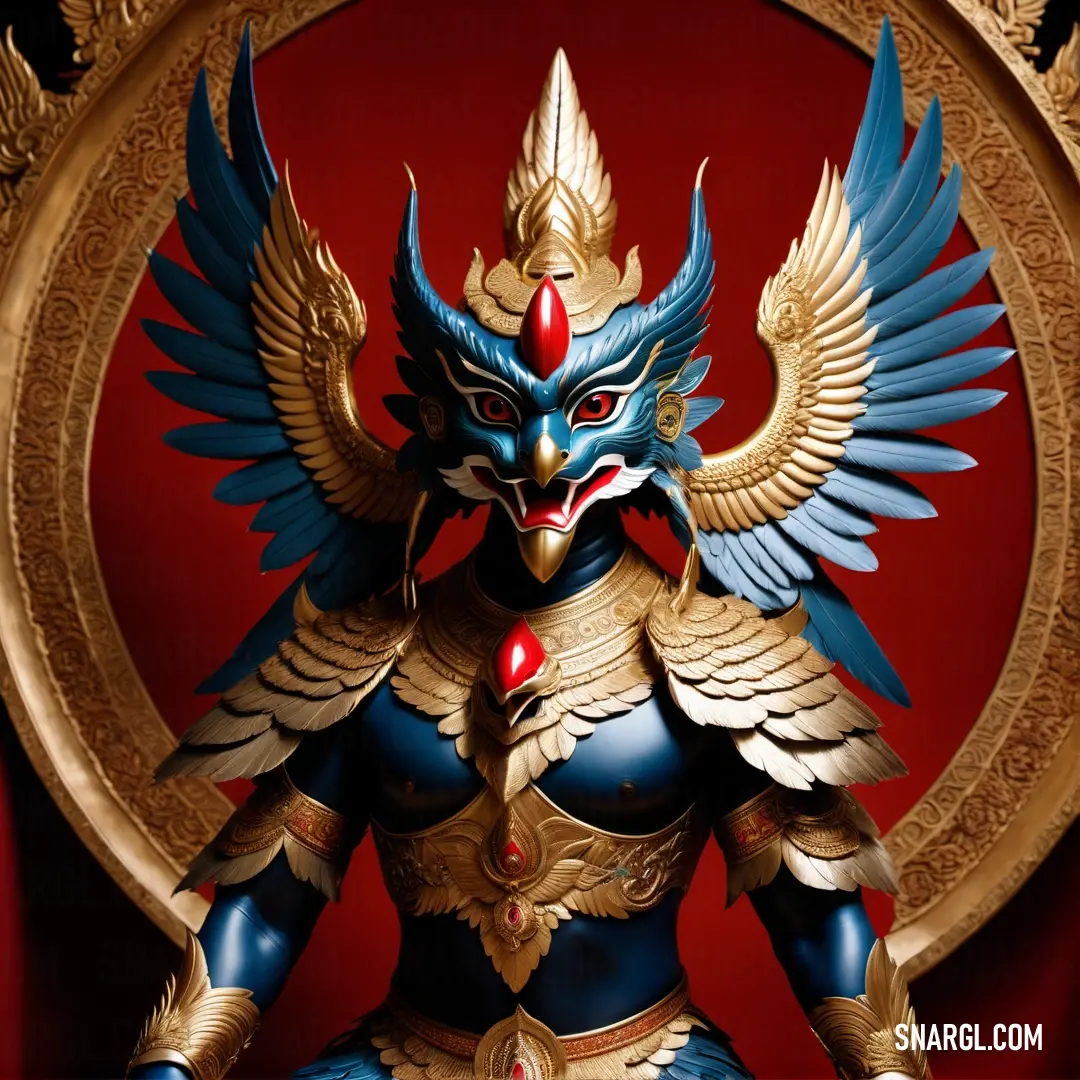 Statue of a Garuda with a blue body and gold wings on it's head