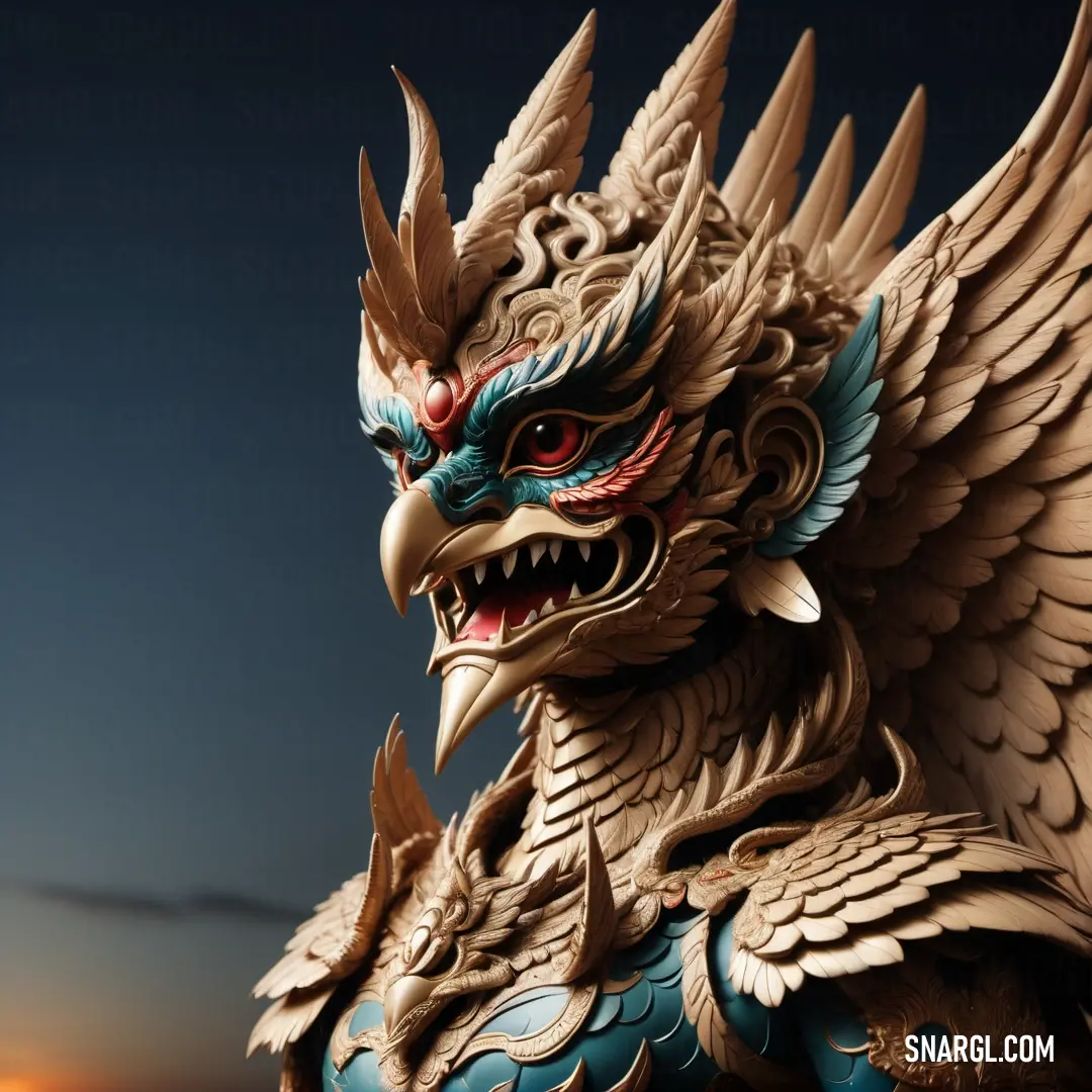 Statue of a Garuda with wings and a Garuda like face on it's head