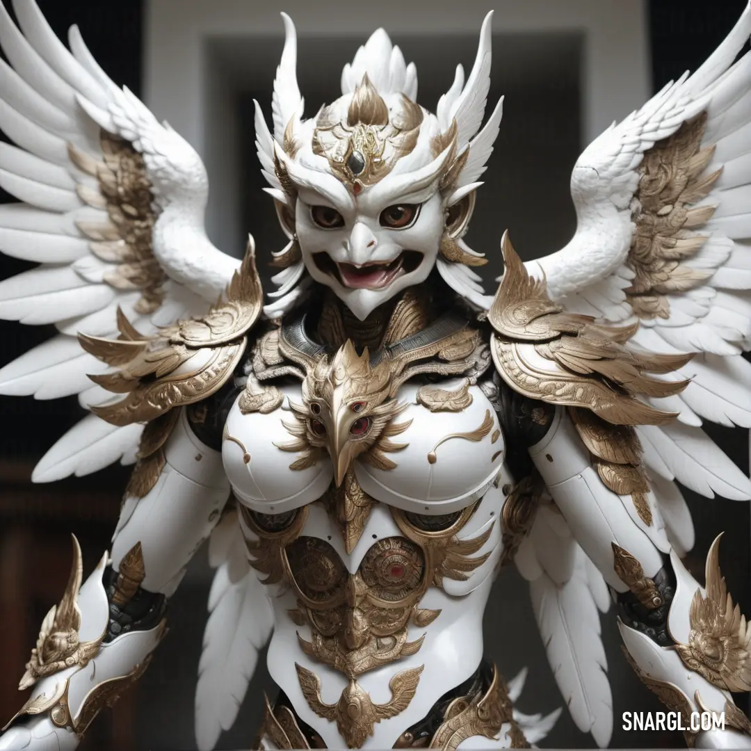 Statue of a female Garuda with wings and a mask on her face and chest