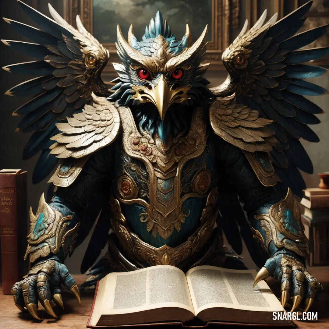 Statue of an eagle with a book in its hands and a painting of a male Garuda behind it in a room