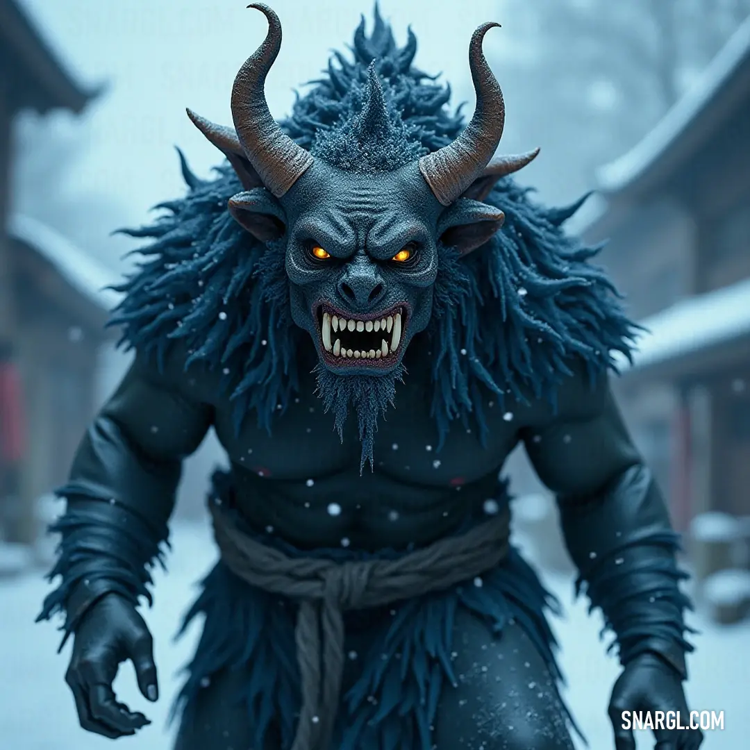 Demonic Gashadokuro adorned with a blue fur coat and formidable horns Enigmatic and fierce, a demonic Gashadokuro looms with its striking blue fur coat and ominous black mask. Its curled horns and impressive beard enhance its terrifying allure, creating an unsettling yet captivating presence in the twilight realm of shadows