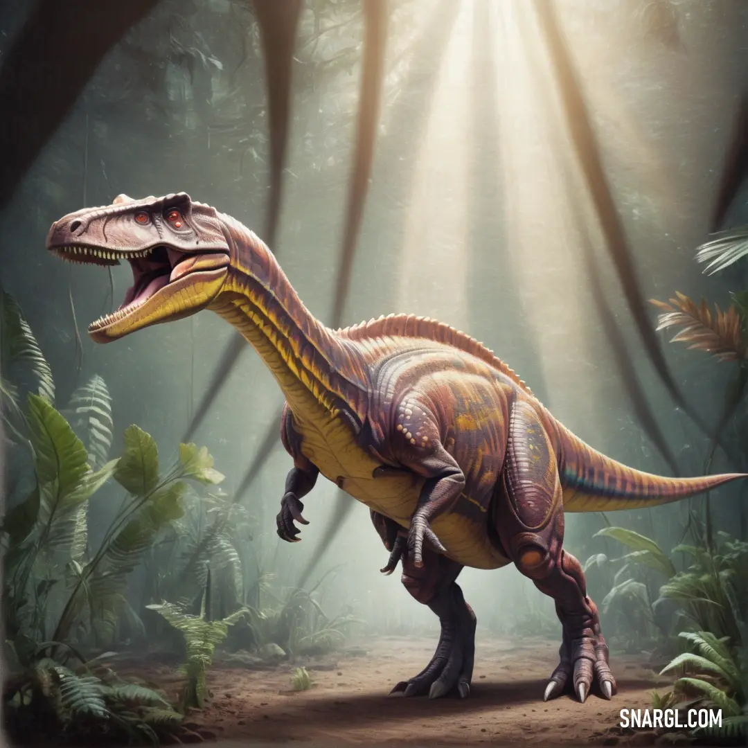 Gasosaurus in a forest with sunlight coming through the trees and leaves on the ground