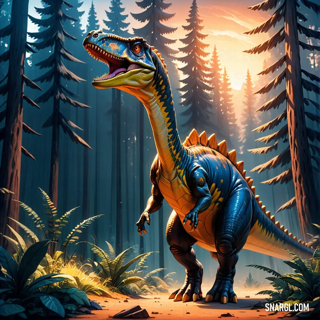 Gasosaurus in a forest with trees and bushes in the background